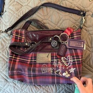 Coach Poppy shoulder bag purple and pink plaid with shimmer